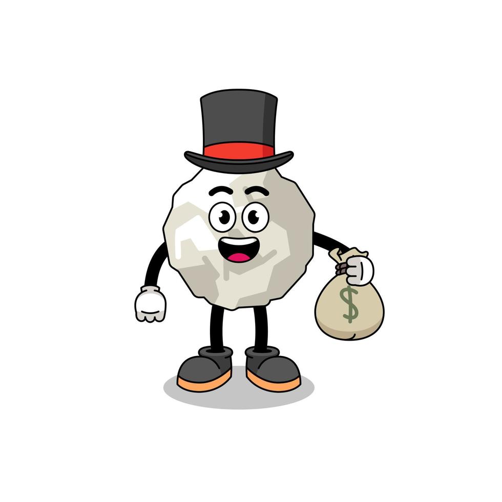 crumpled paper mascot illustration rich man holding a money sack vector