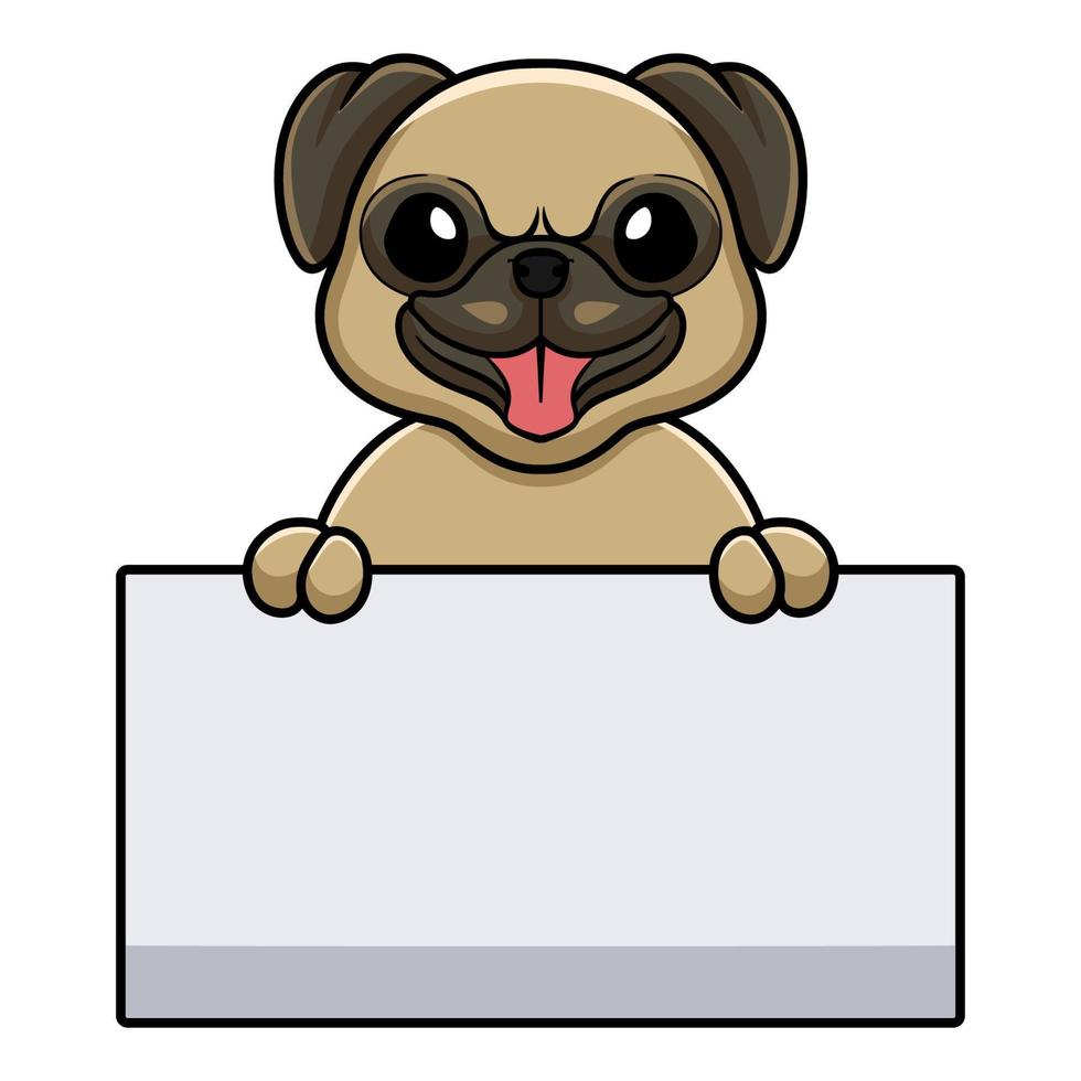 Cute little pug dog cartoon holding blank sign vector