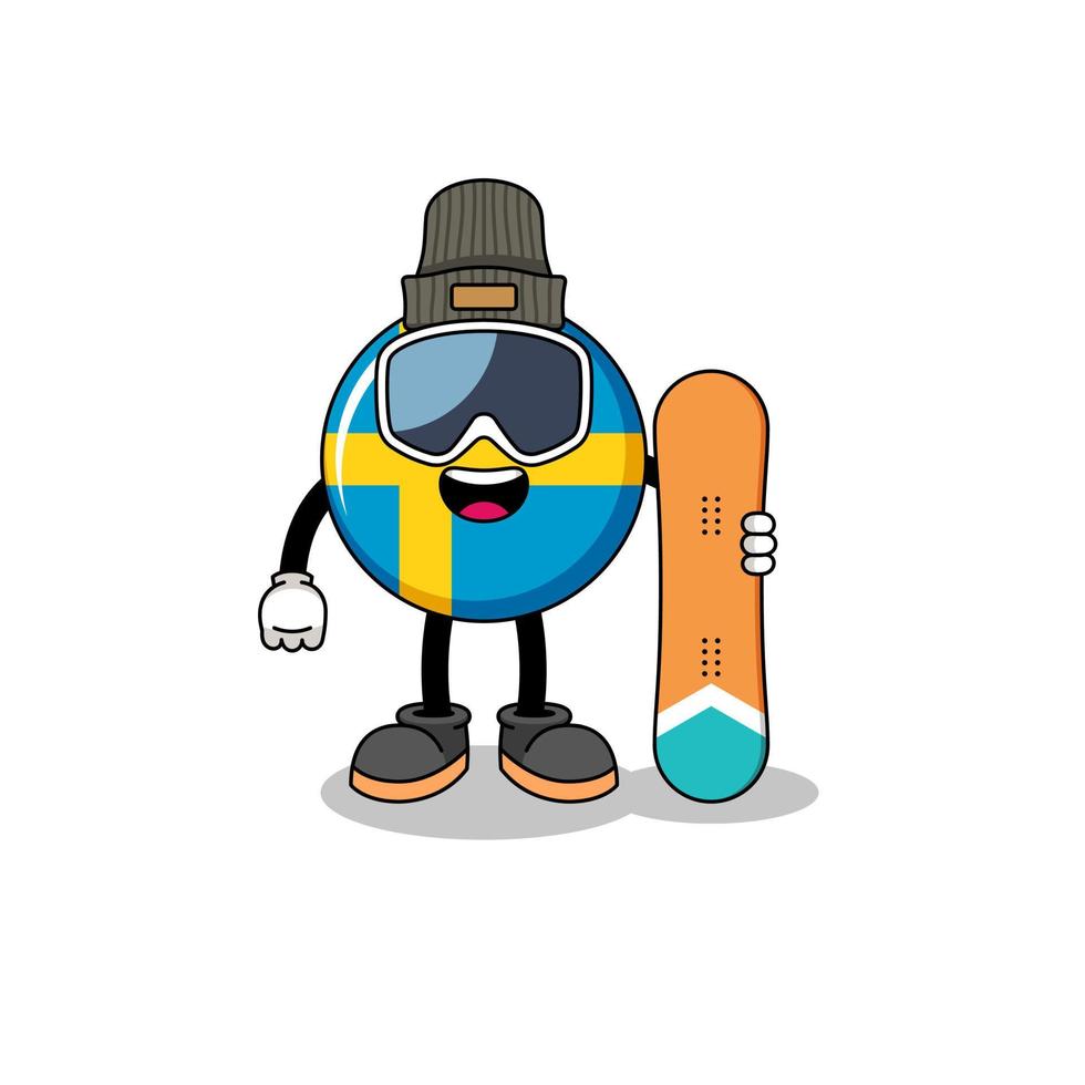 Mascot cartoon of sweden flag snowboard player vector