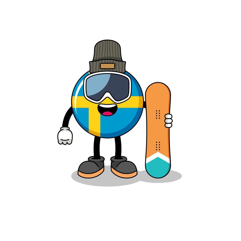 caricatura de la mascota del jugador de snowboard de la bandera de suecia vector