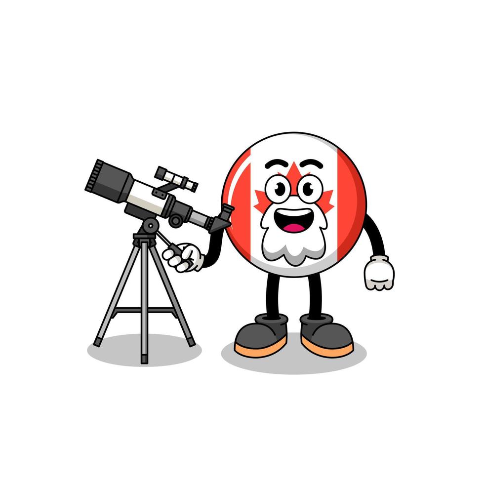 ilustración de la mascota de la bandera de canadá como astrónomo vector