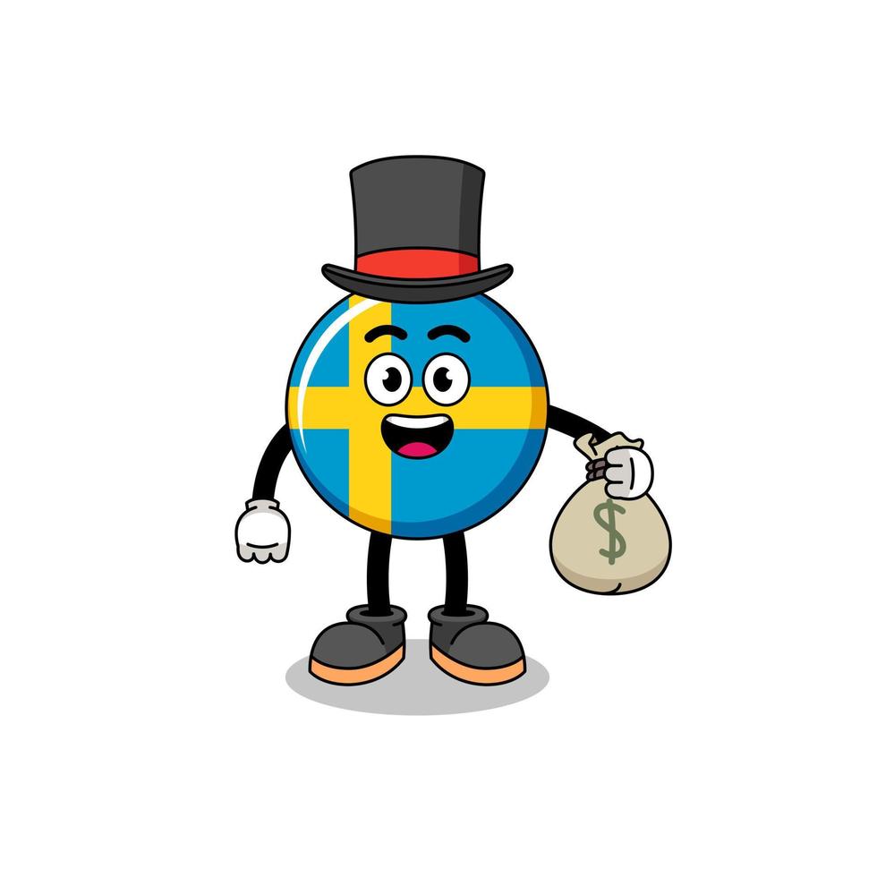 sweden flag mascot illustration rich man holding a money sack vector