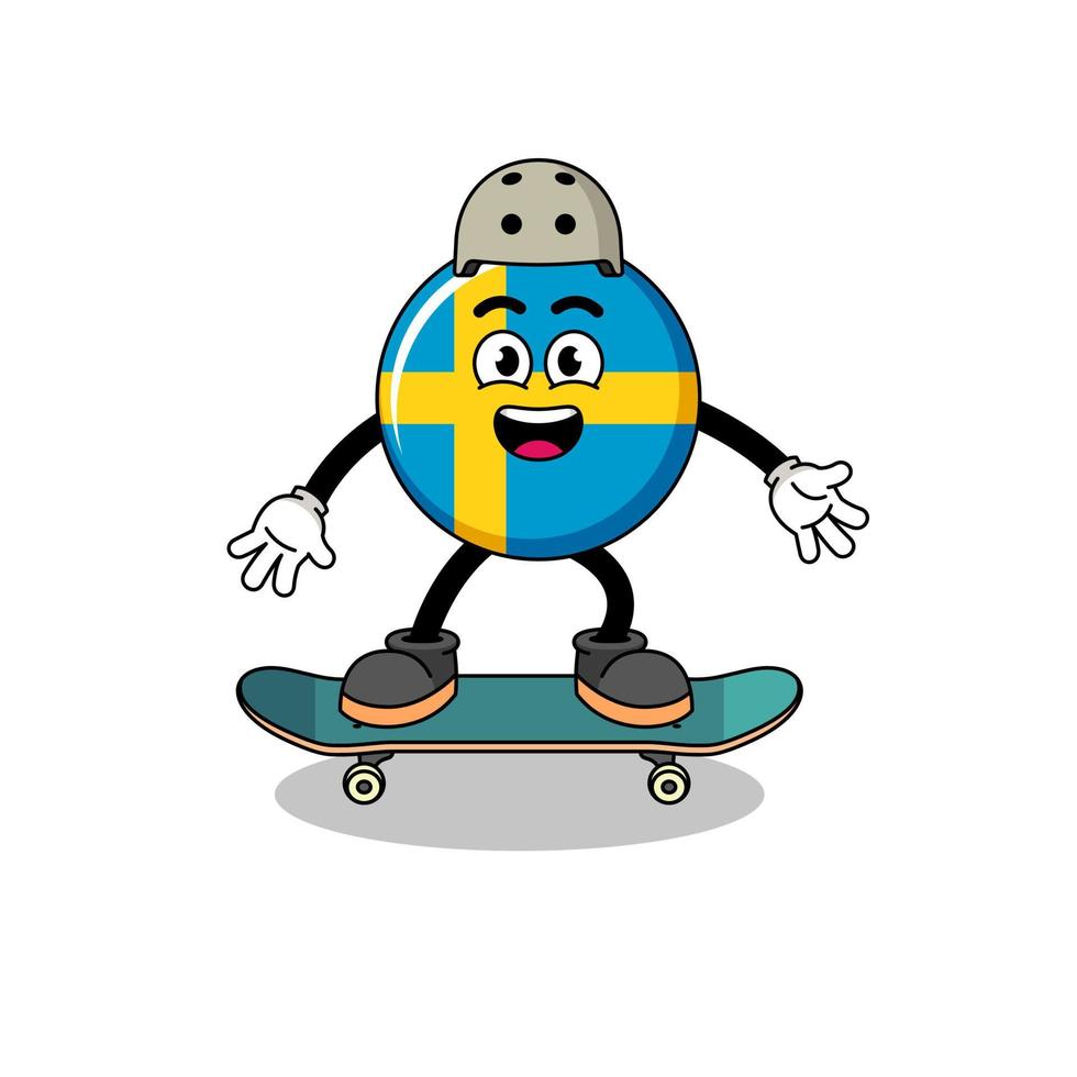 mascota de la bandera de suecia jugando una patineta vector