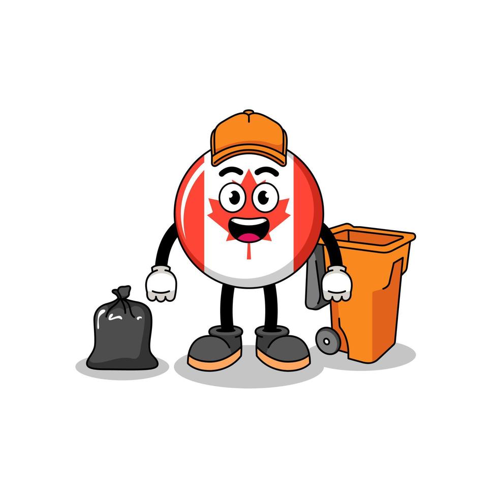 Illustration of canada flag cartoon as a garbage collector vector