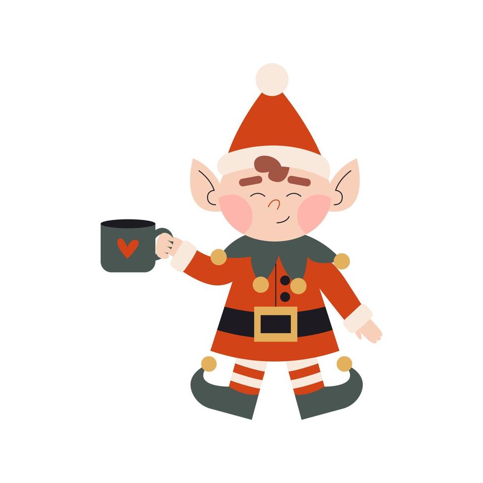 Christmas elf in red costume. Little Santa's helper with cup of hot cocoa. Dwarf little fantasy helpers. Children winter character. Elf for party invitations or greeting cards. vector