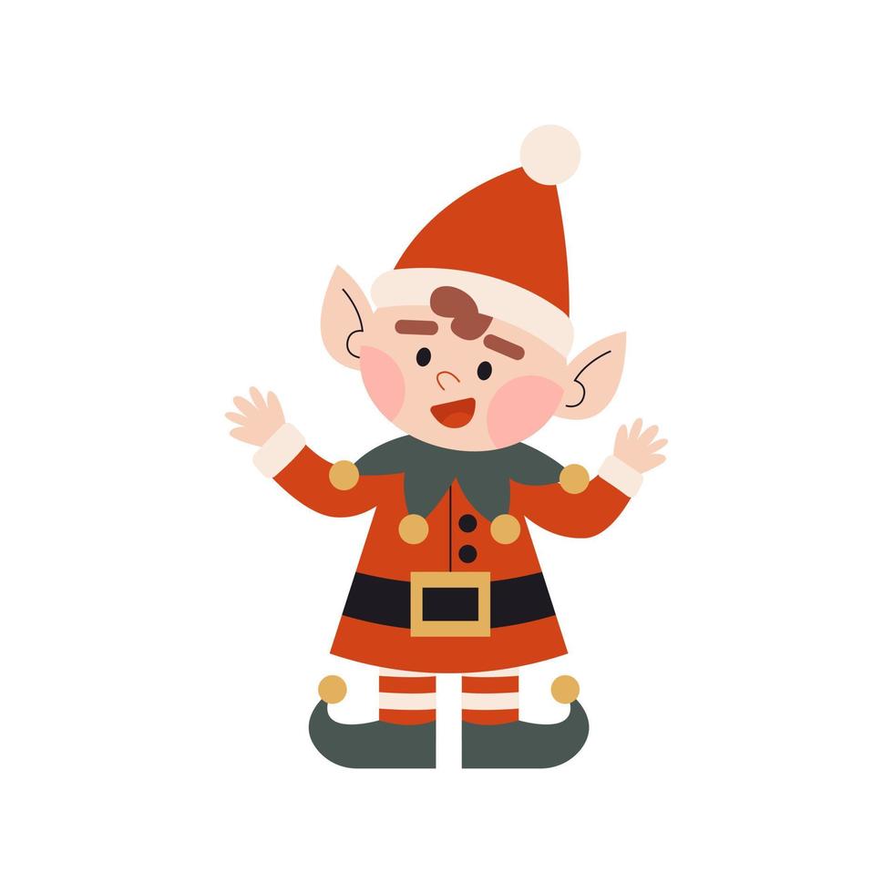 Christmas elf in red costume. Little Santa's helper with waging hands. Dwarf little fantasy helpers. Children winter character. Elf for party invitations or greeting cards. vector