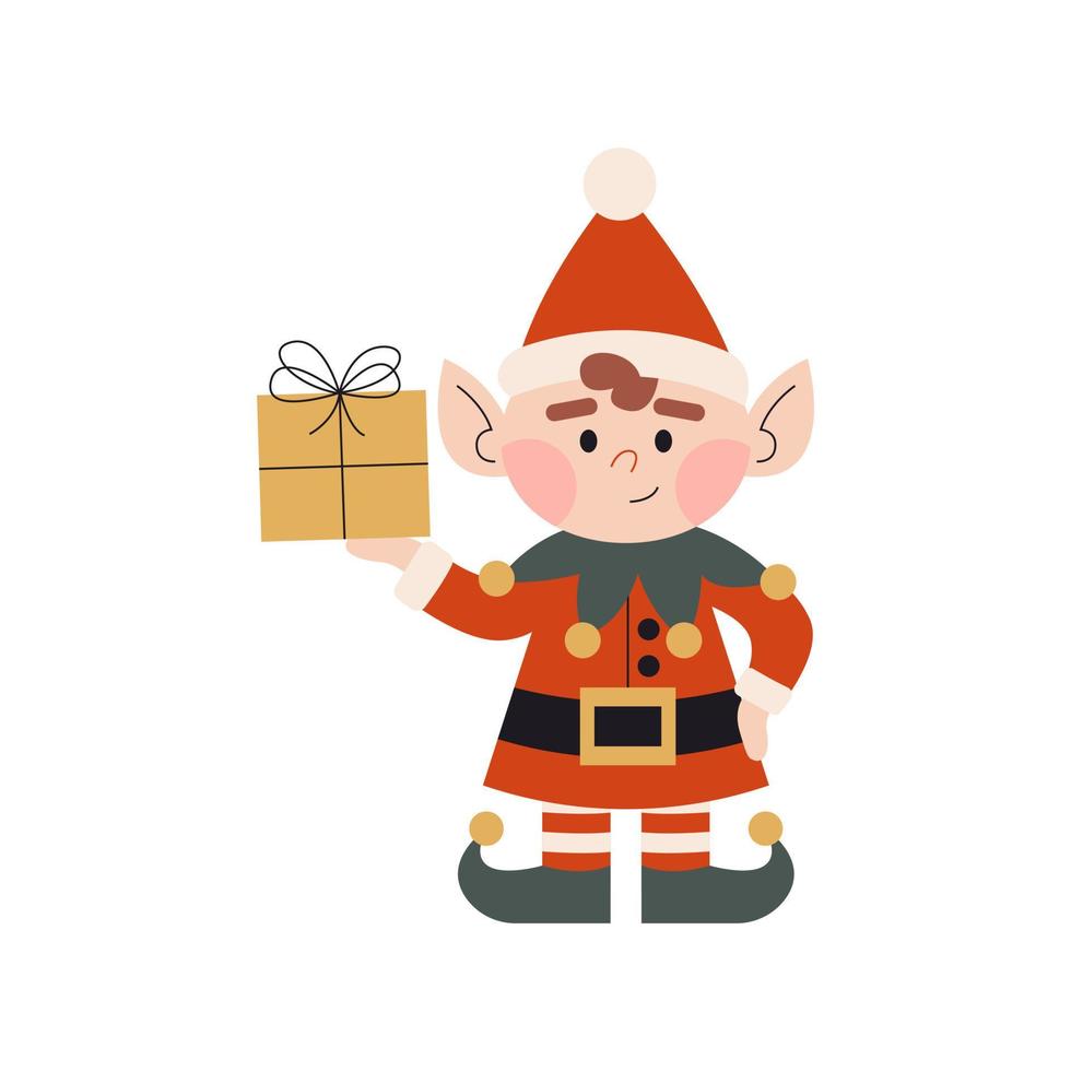 Christmas elf in red costume. Little Santa's helper holding gift. Dwarf little fantasy helpers. Children winter character. Elf for party invitations or greeting cards. vector