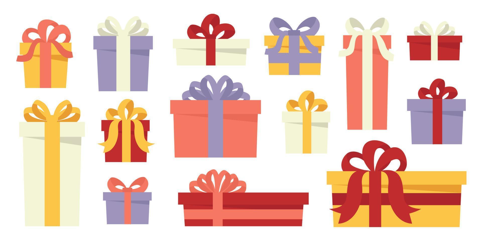 conjunto de coloridas cajas de regalo envueltas. caja de regalo de navidad con un lazo abrumador. diferentes formas y tamaños de regalos de fiesta con cinta. regalos de cumpleaños para postales, tarjetas de felicitación. vector