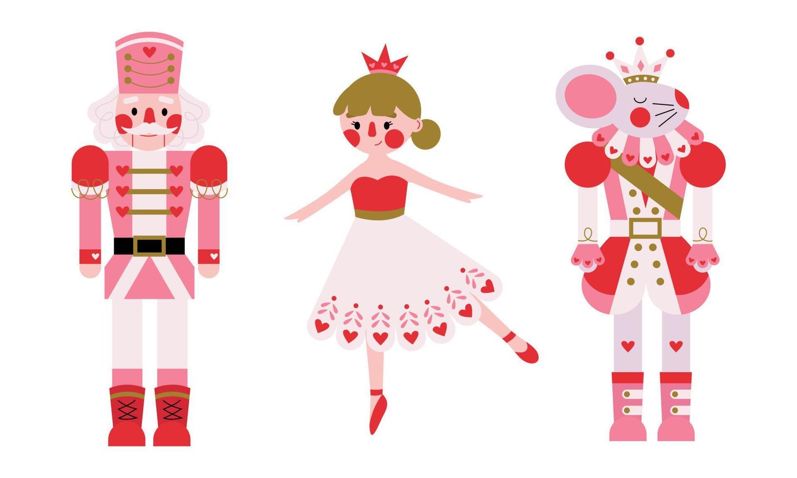 conjunto navideño de personajes del cuento de invierno ballet cascanueces. cascanueces, rey ratón, princesa bailarina en colores rosas con corazón. personajes de cuentos de hadas, mascota. vector