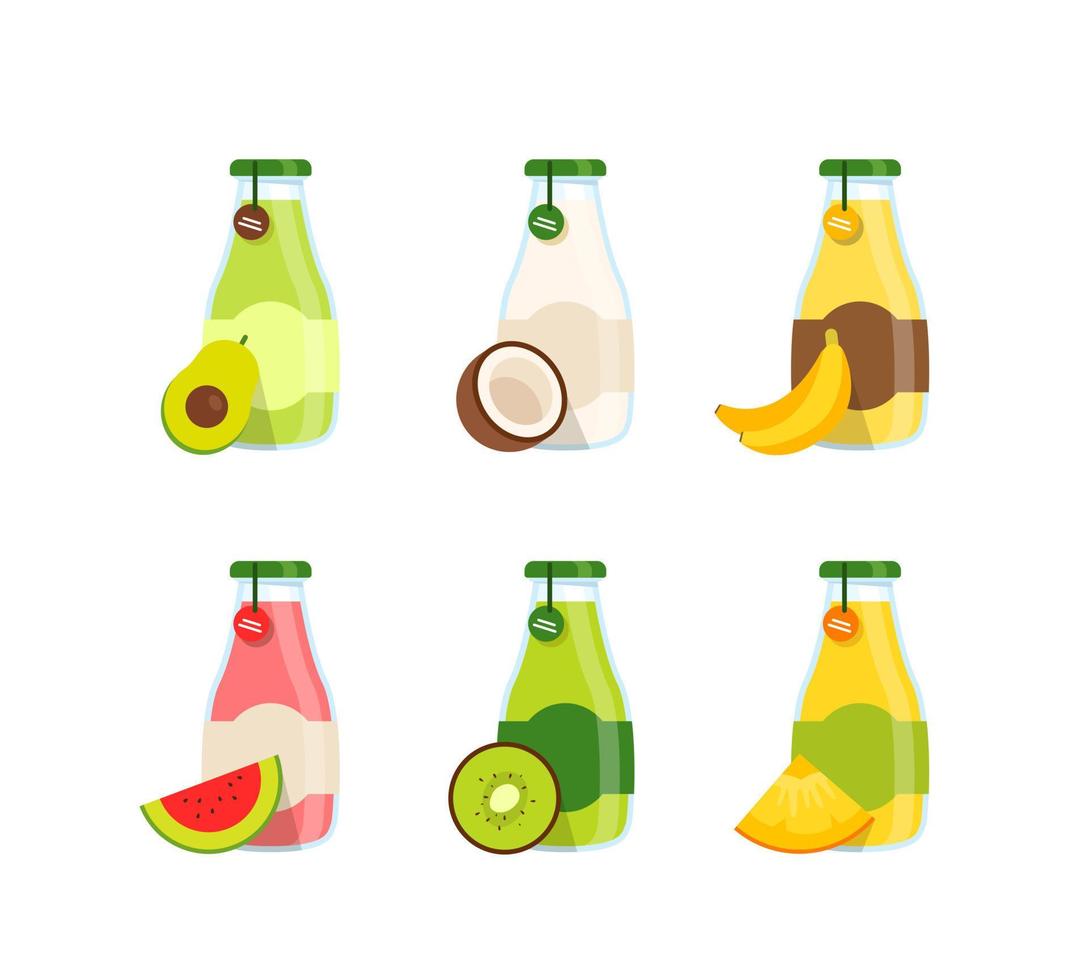 jugo y batido, kiwi, plátano, aguacate, coco y bebidas de sandía en botellas de vidrio vector