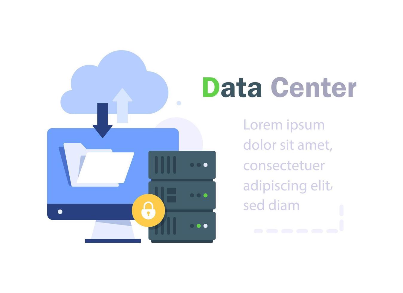 centro de datos, servidores web, servicio, conexión a Internet, servidores en la nube con iconos de seguridad planos vector