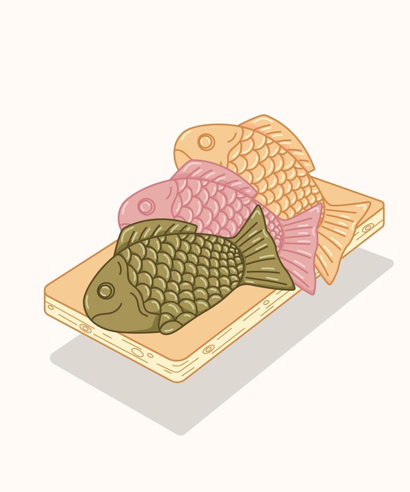 Taiyaki, fish-shaped cake, sweet pancake with red bean, asian food, Japanese food. Set of 3 fish cakes on the board. Vector food isolated illustration