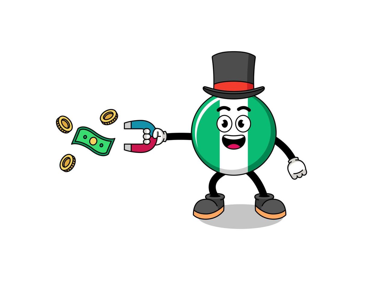 ilustración de personaje de la bandera de nigeria atrapando dinero con un imán vector