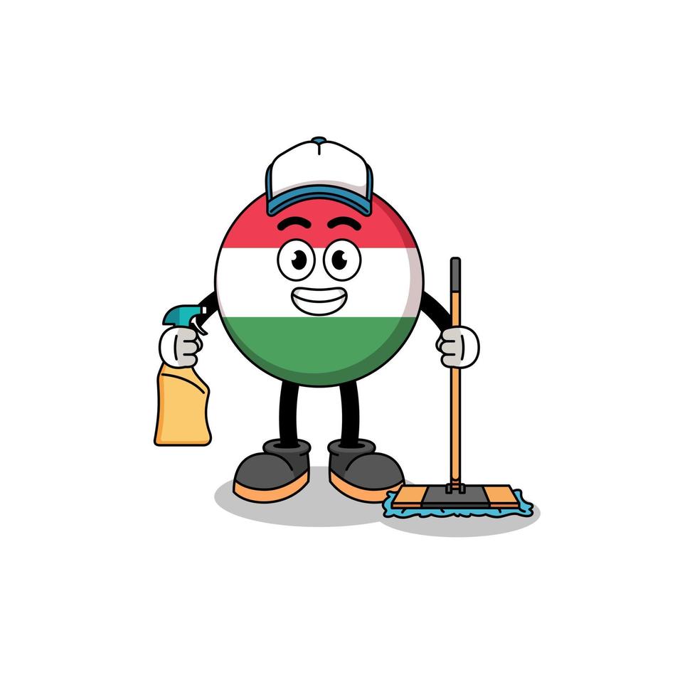 mascota del personaje de la bandera de hungría como servicio de limpieza vector