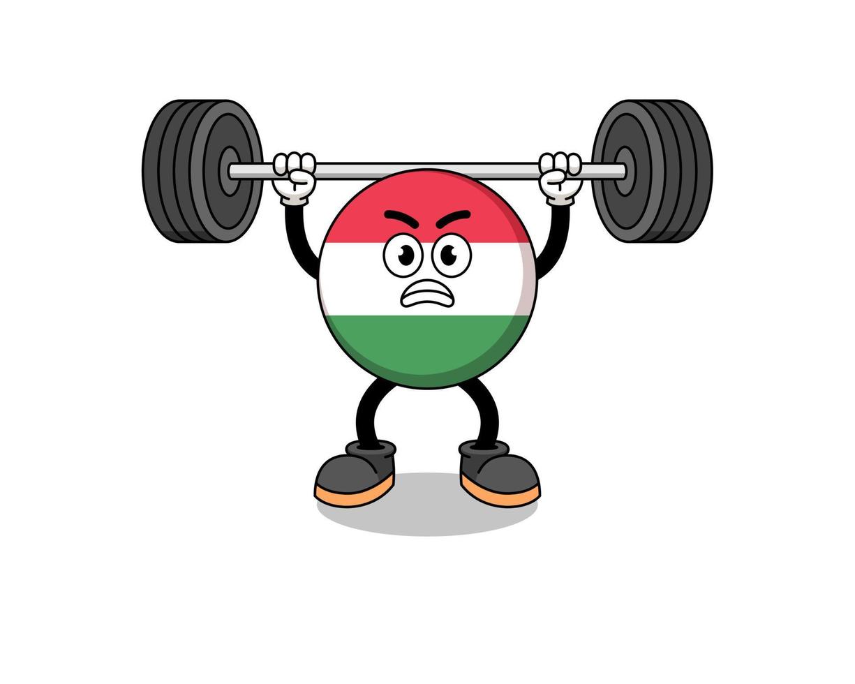 caricatura de la mascota de la bandera de hungría levantando una barra vector