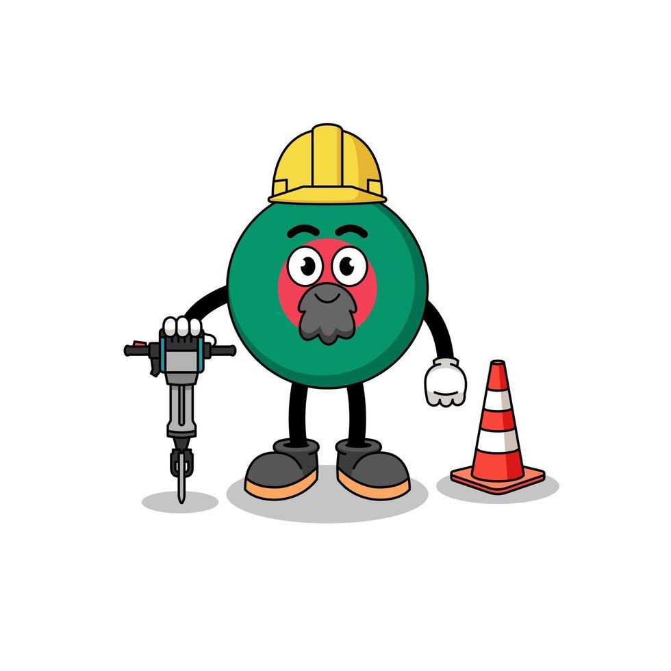 Character cartoon of bangladesh flag working on road construction vector