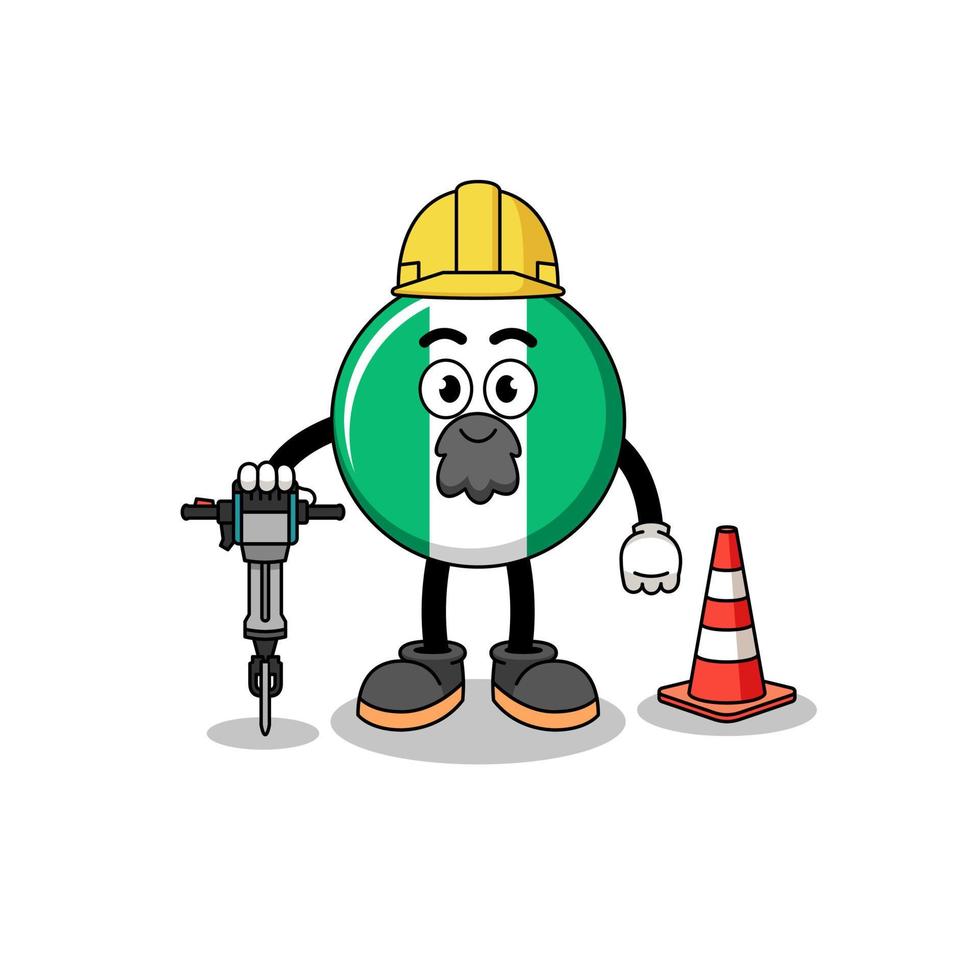 caricatura de personaje de la bandera de nigeria trabajando en la construcción de carreteras vector