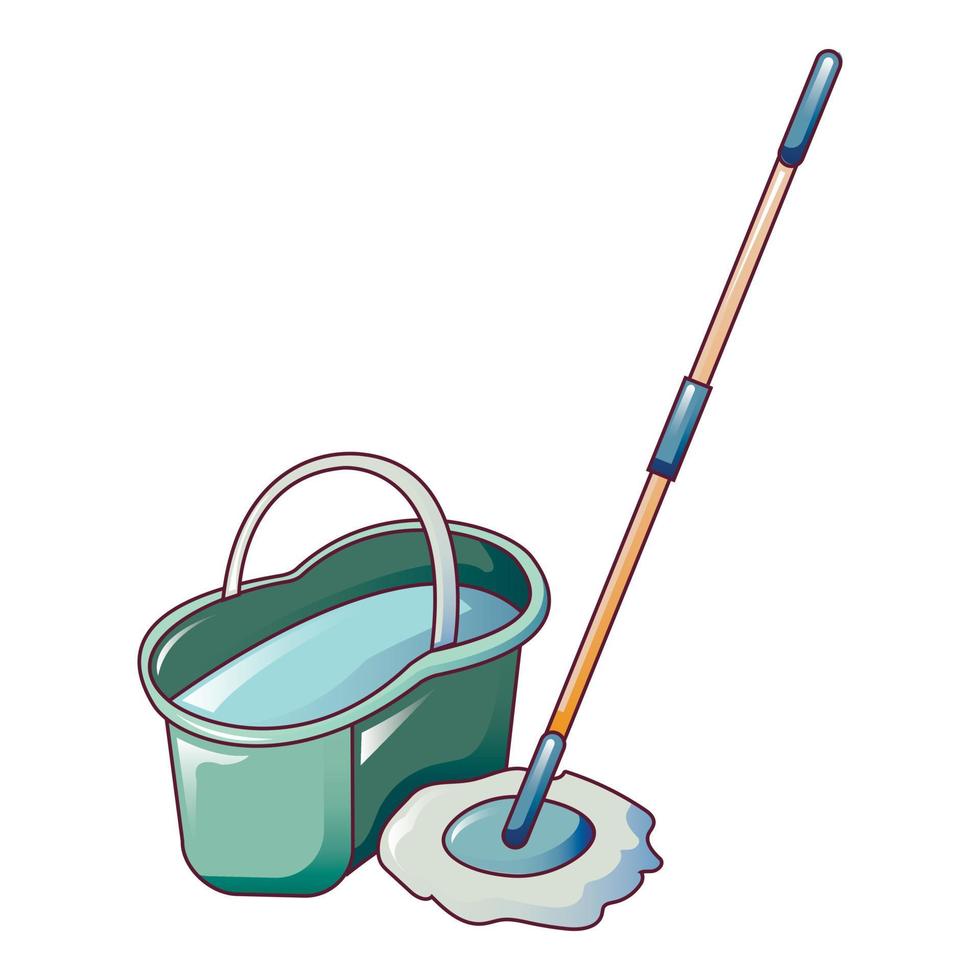 Water bucket mop icon, cartoon style vector