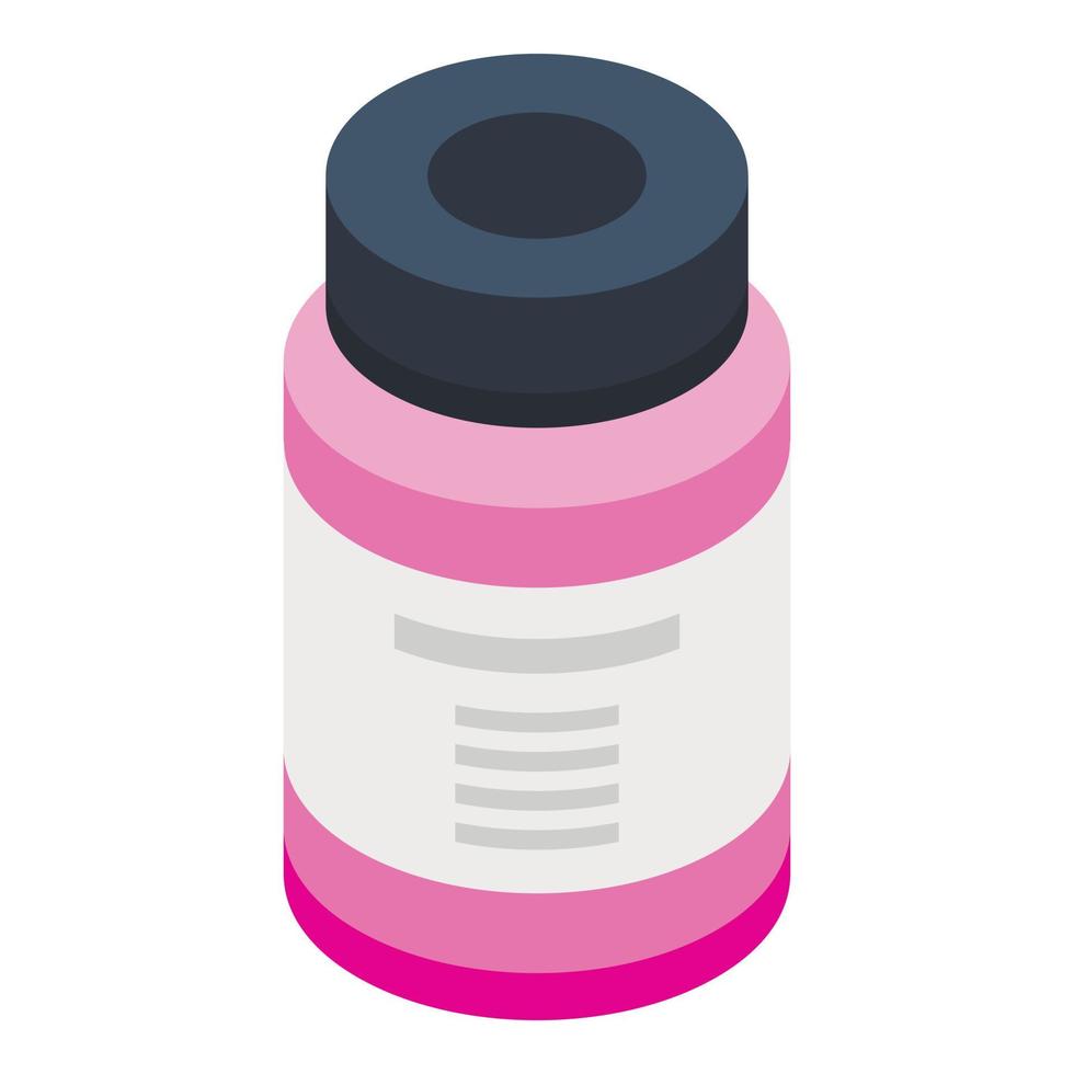 Pink medicine bottle icon, isometric style vector