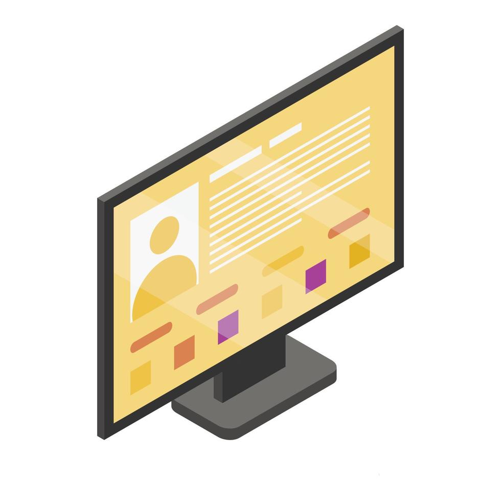 Pc monitor profile icon, isometric style vector