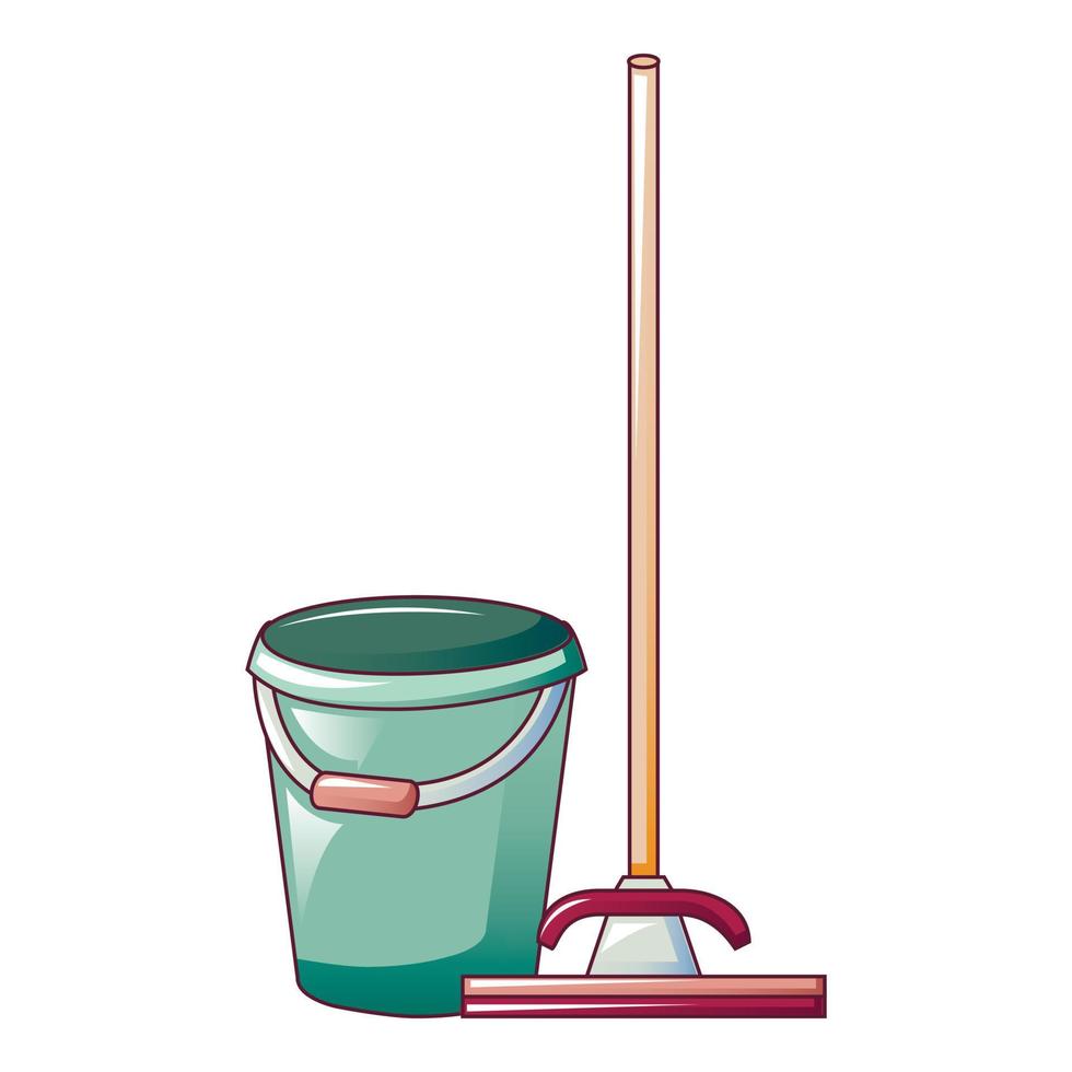 Cleaning mop green bucket icon, cartoon style vector