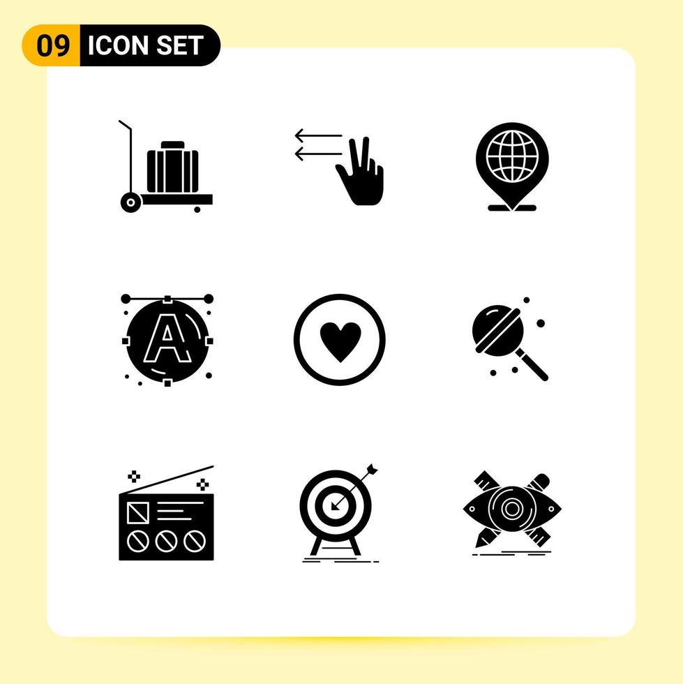 9 Thematic Vector Solid Glyphs and Editable Symbols of lollipop wreath location heart achievement Editable Vector Design Elements