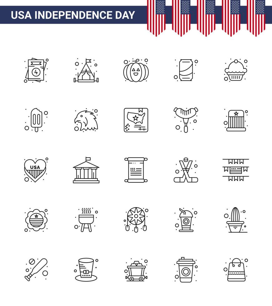 Set of 25 Vector Lines on 4th July USA Independence Day such as ice cream dessert pumpkin cake soda Editable USA Day Vector Design Elements