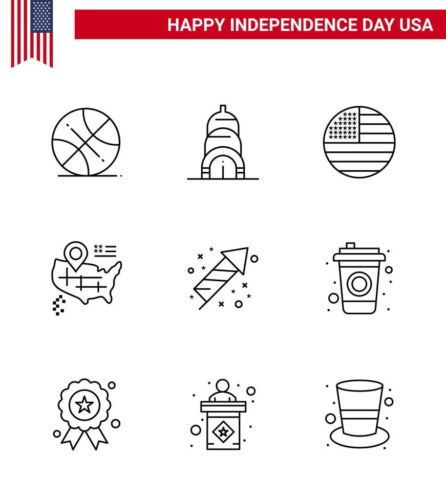 9 Line Signs for USA Independence Day holiday festivity flag celebration map Editable USA Day Vector Design Elements