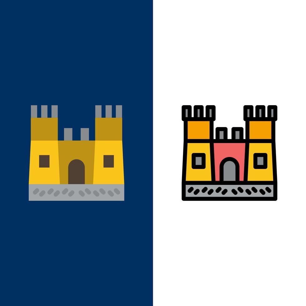 Beach Castle Sand Castle  Icons Flat and Line Filled Icon Set Vector Blue Background