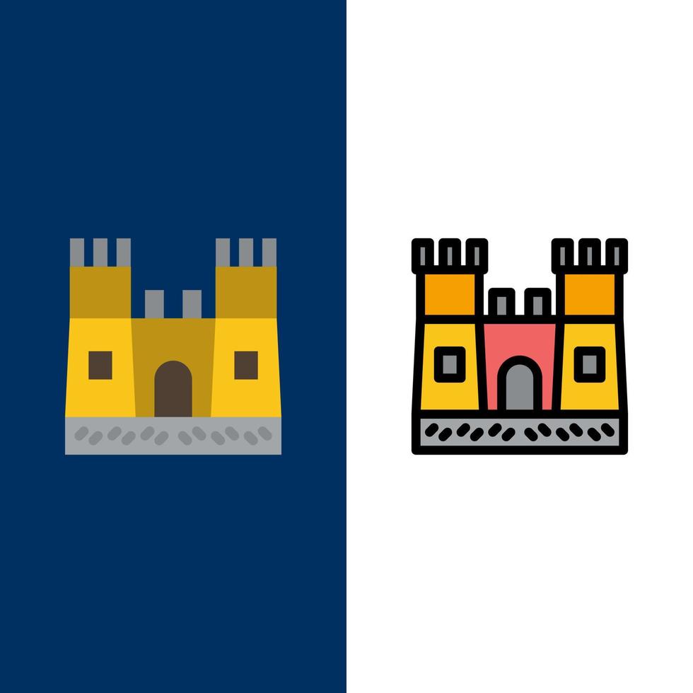 castillo de playa castillo de arena iconos planos y llenos de línea conjunto de iconos vector fondo azul