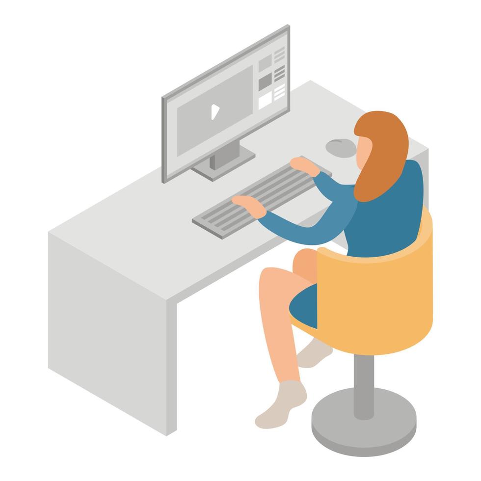 Woman work at computer icon, isometric style vector