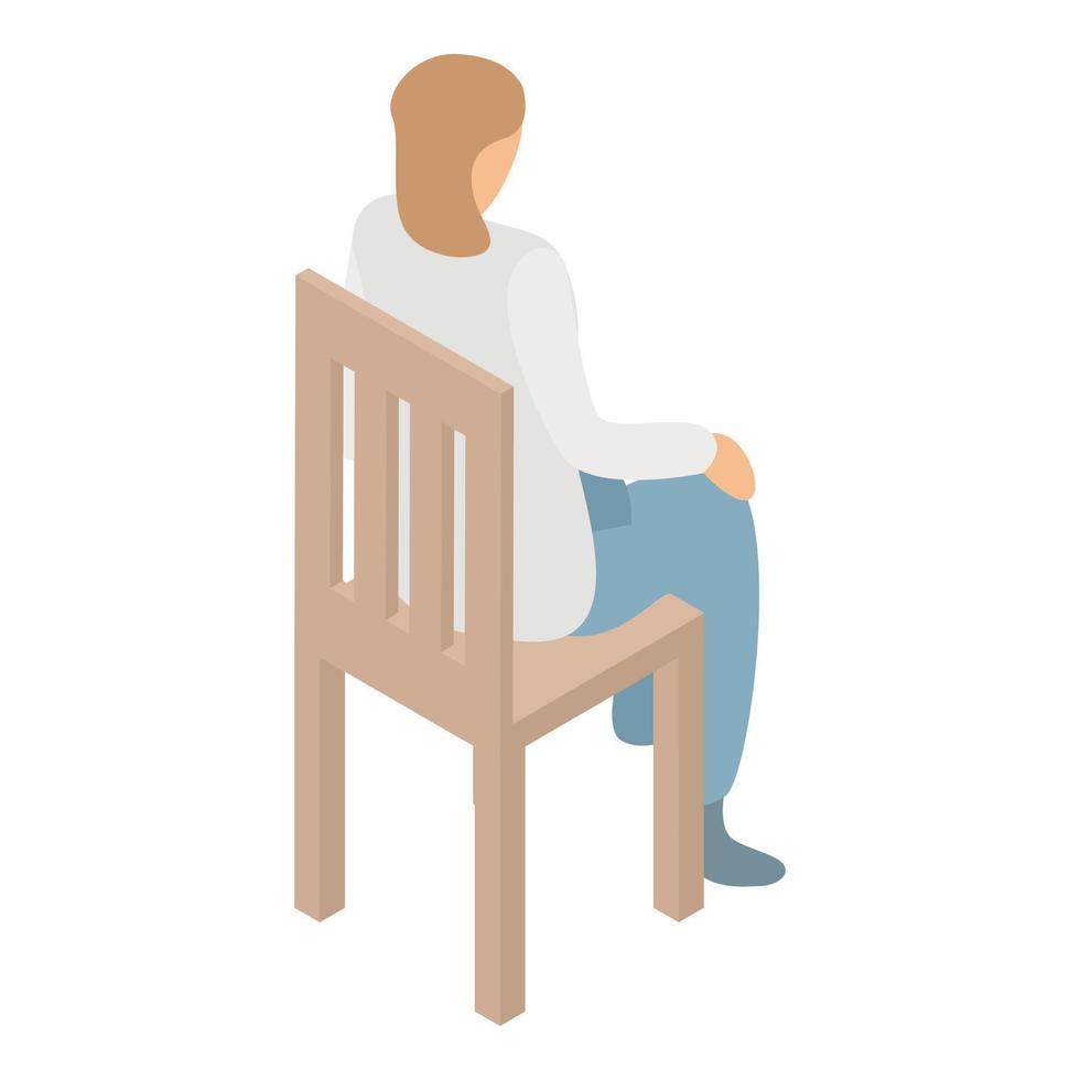 Woman at wood chair icon, isometric style vector