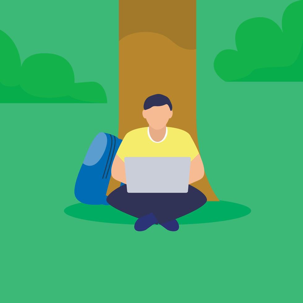 Boy laptop near tree concept banner, flat style vector