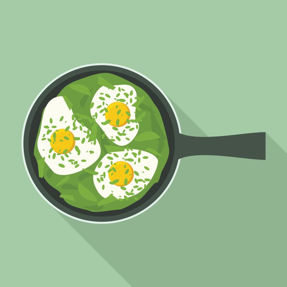 Fried eggs with spinach icon, flat style vector