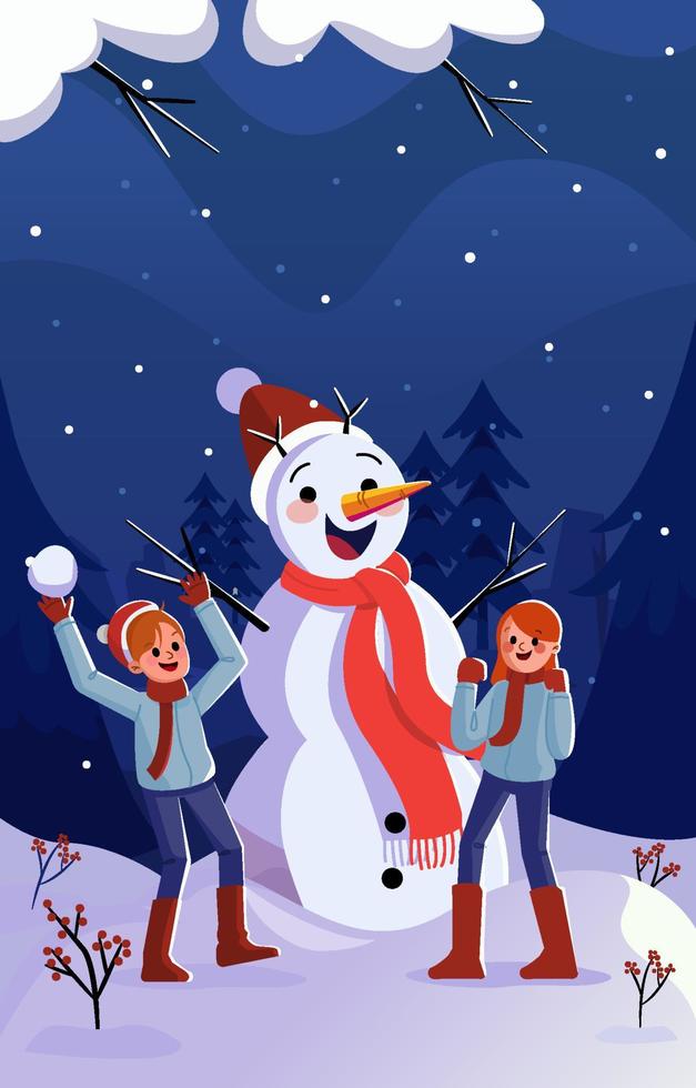 Sibling Make A Snowman On A Winter vector