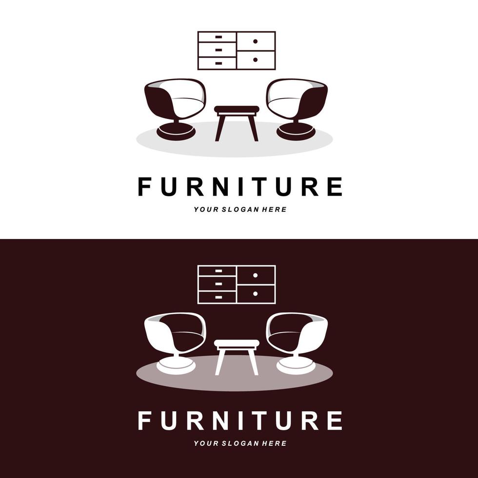 logotipo de muebles, diseño de muebles para el hogar, ilustración del icono de la habitación, mesa, silla, lámpara, marco, reloj, maceta vector