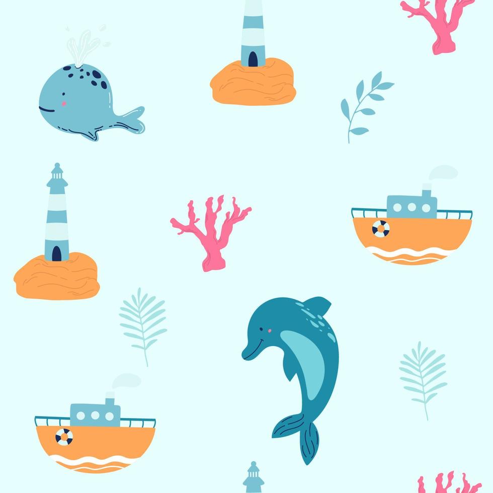 Blue whale with coral in the sea Cute cartoon background seamless pattern The design used for Textile, Clothing Pattern, Print, Wallpaper, Vector Illustration