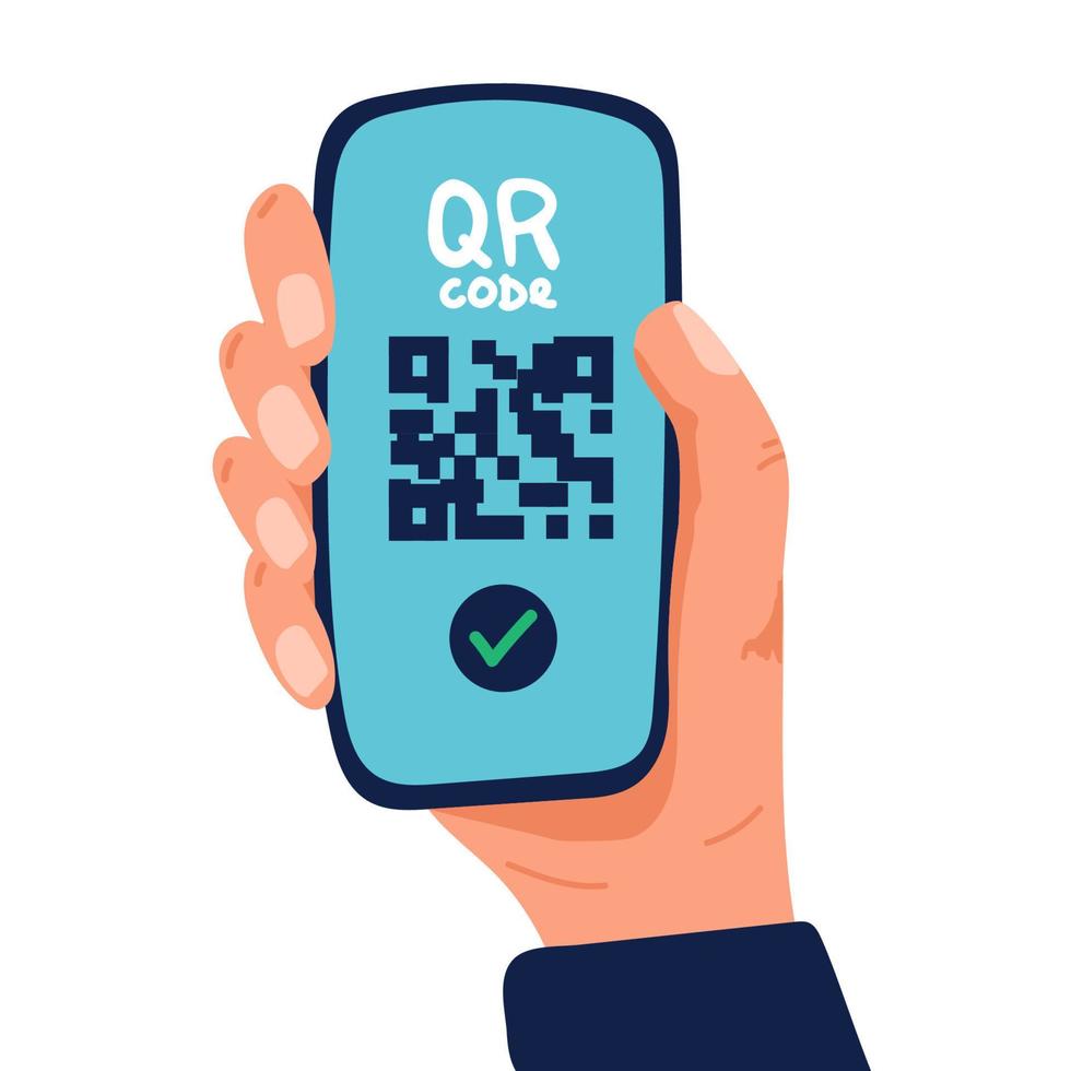 QR code scanning icon in smartphone. hand holding Mobile phone in line style, barcode scanner for pay, web, mobile app, promo. Vector illustration