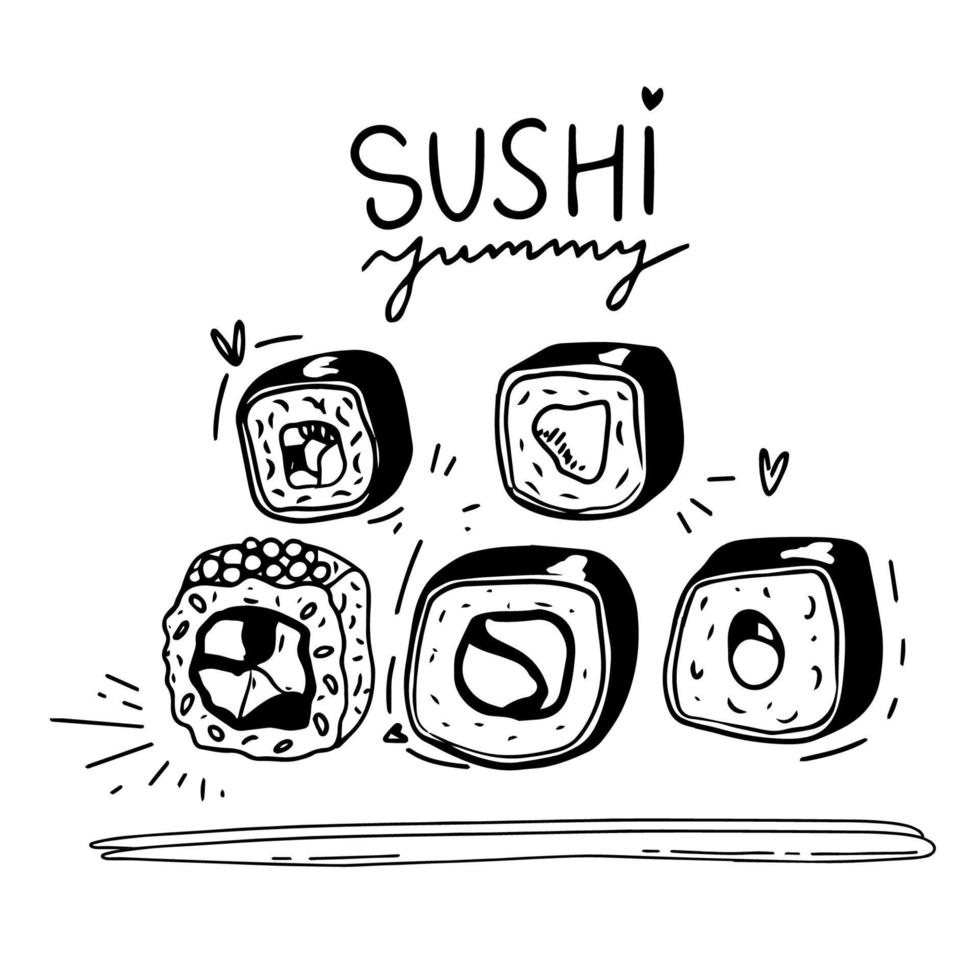 Sushi set on white. isolated on white black white. doodle vector