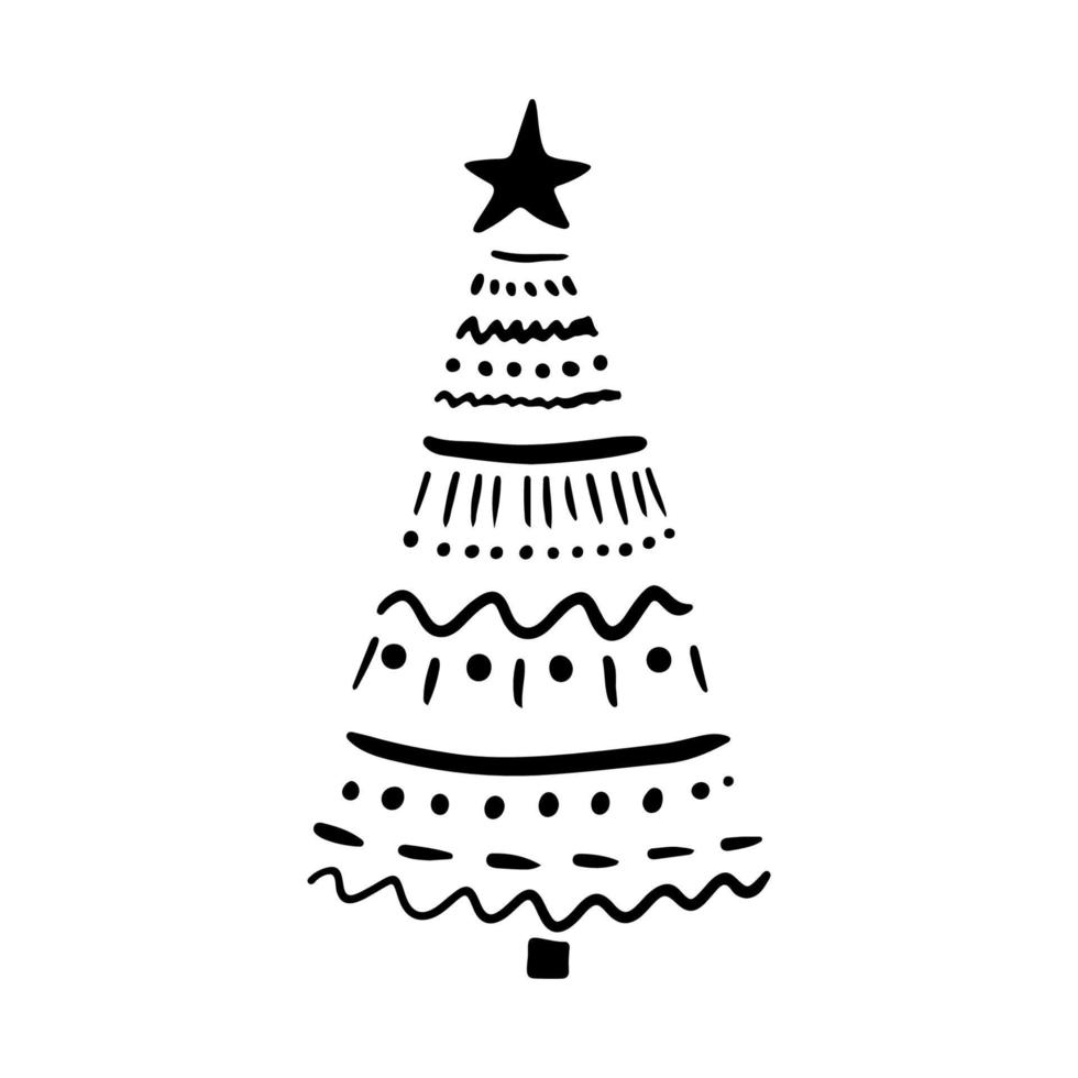 Christmas tree in doodle style. Hand drawn sketch of a Christmas tree. Vector illustration. Isolated on a white background. Illustration for graphics, website, logo, icons, postcards