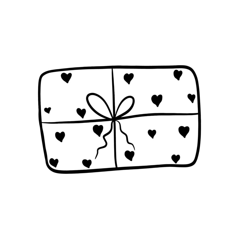 Gift box with a bow and hearts for the holiday drawn in doodle style. Gift box with a present for New Year, Christmas, Birthday, Valentine's Day vector