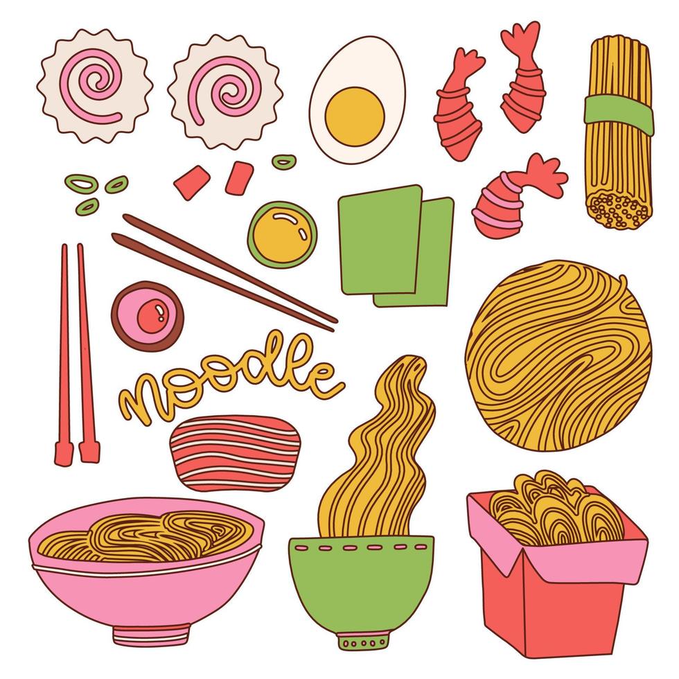 conjunto de ingredientes de fideos asiáticos. cocina japonesa, china. Creador de alimentos en cuencos y cajas de papel. ilustración dibujada a mano lineal vectorial. vector