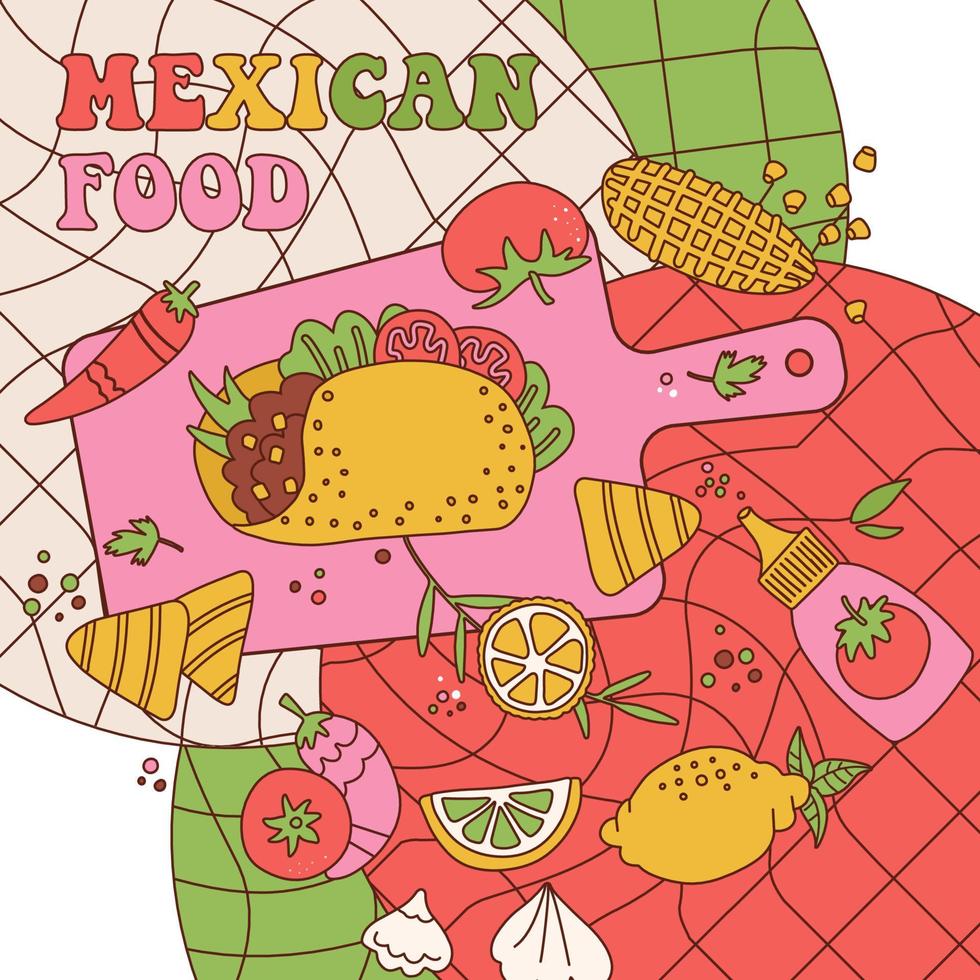 Hand drawn retro contour style taco on the cutting wooden board with tomatoes, chilli, nachos, sauce. Traditional mexican street food on checkered tablecloth. Vector hand drawn illlustration.