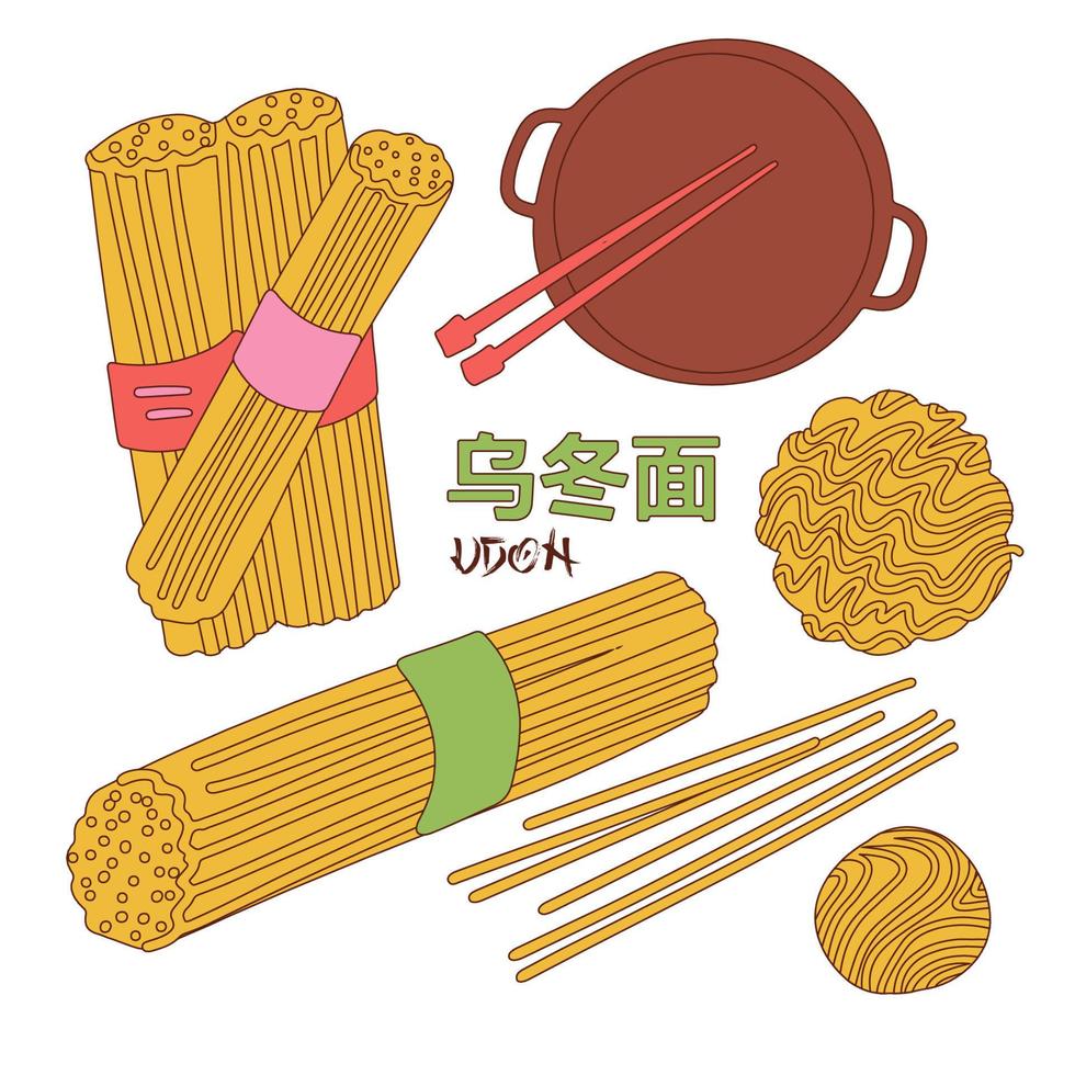 conjunto de fideos udon asiáticos sin cocer. Ilustración lineal de vector de fideos orientales tradicionales. conjunto de ingredientes de comida coreana o japonesa. la traducción del jeroglífico es udon