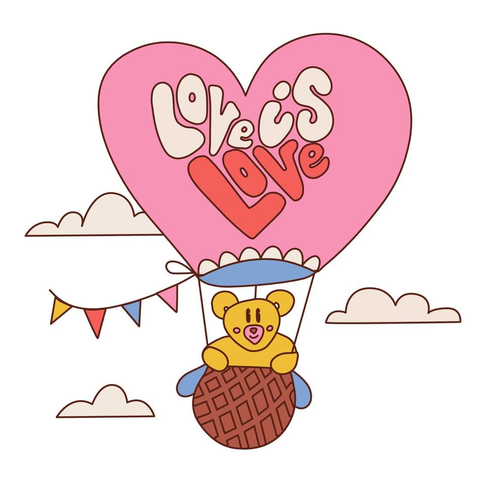 Groovy poster in 60s 70s retro style with hot air balloon with teddy bear character on wavy sky background. Perfect print for T-shirt, postcard, sticker, banner. Vectorretro contour illustration. vector