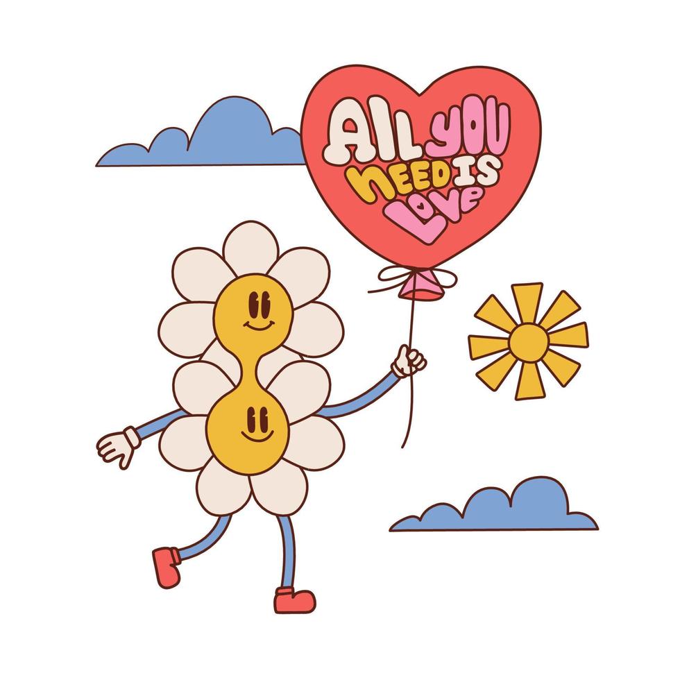 Groovy distorted funny flower character t-shirt print design. Vector retro vintage cartoon daisy mascot. Funny 60s hippie camomile with balloon All you need is love. Vector contour illustration.