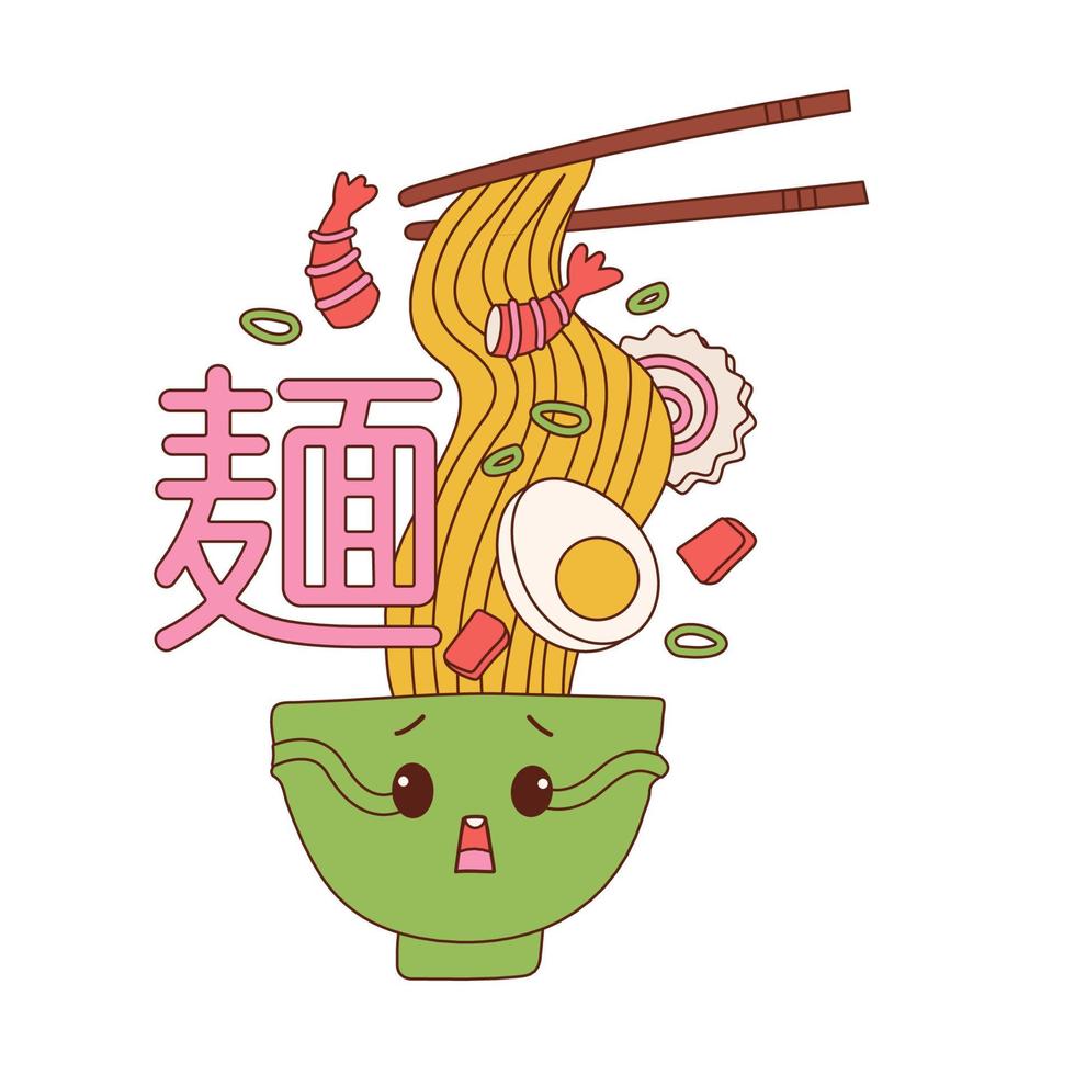 Cute funny Ramen bowl character. Cartoon kawaii character mascot with surprised face. Vector hand drawn illustration Isolated on white background. Hieroglyph translation - Noodle.