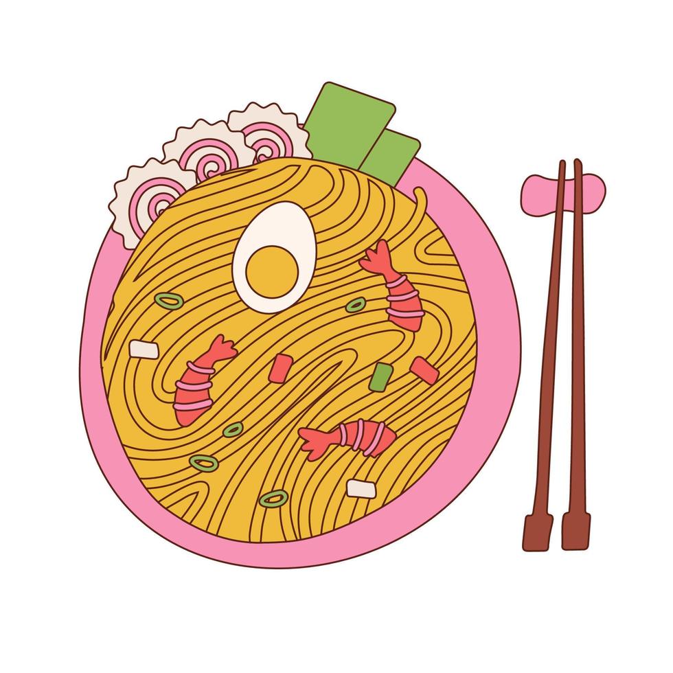 Seaweed Wakame Cup Noodle with Egg. Ramen noodle with Narutomaki, nori ans shrimps. Bowl with asian food and chopsticks top view. Hand drawn vector contour illustration.