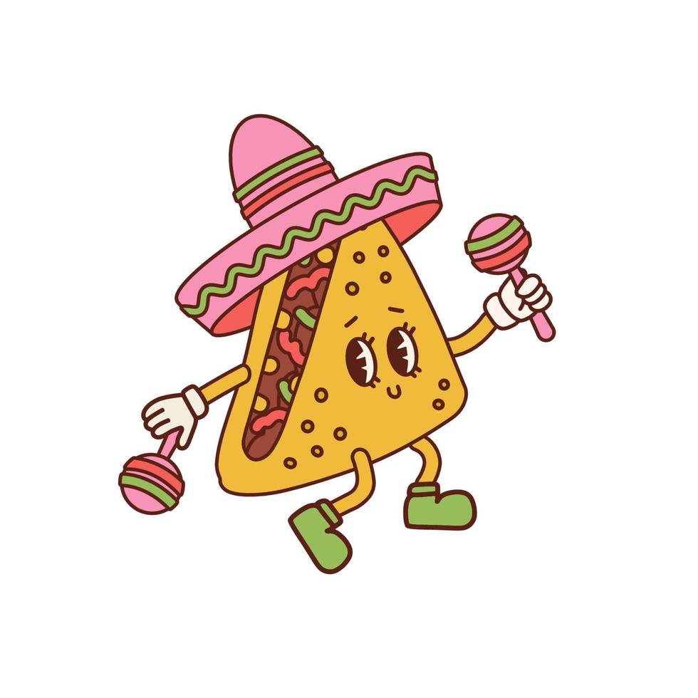 linda mascota de quesadilla con sombrero mexicano y imágenes prediseñadas de maracas. ilustración de dibujos animados vectoriales en el moderno estilo toon vintage de los años 30. mascota de comida latinoamericana. vector