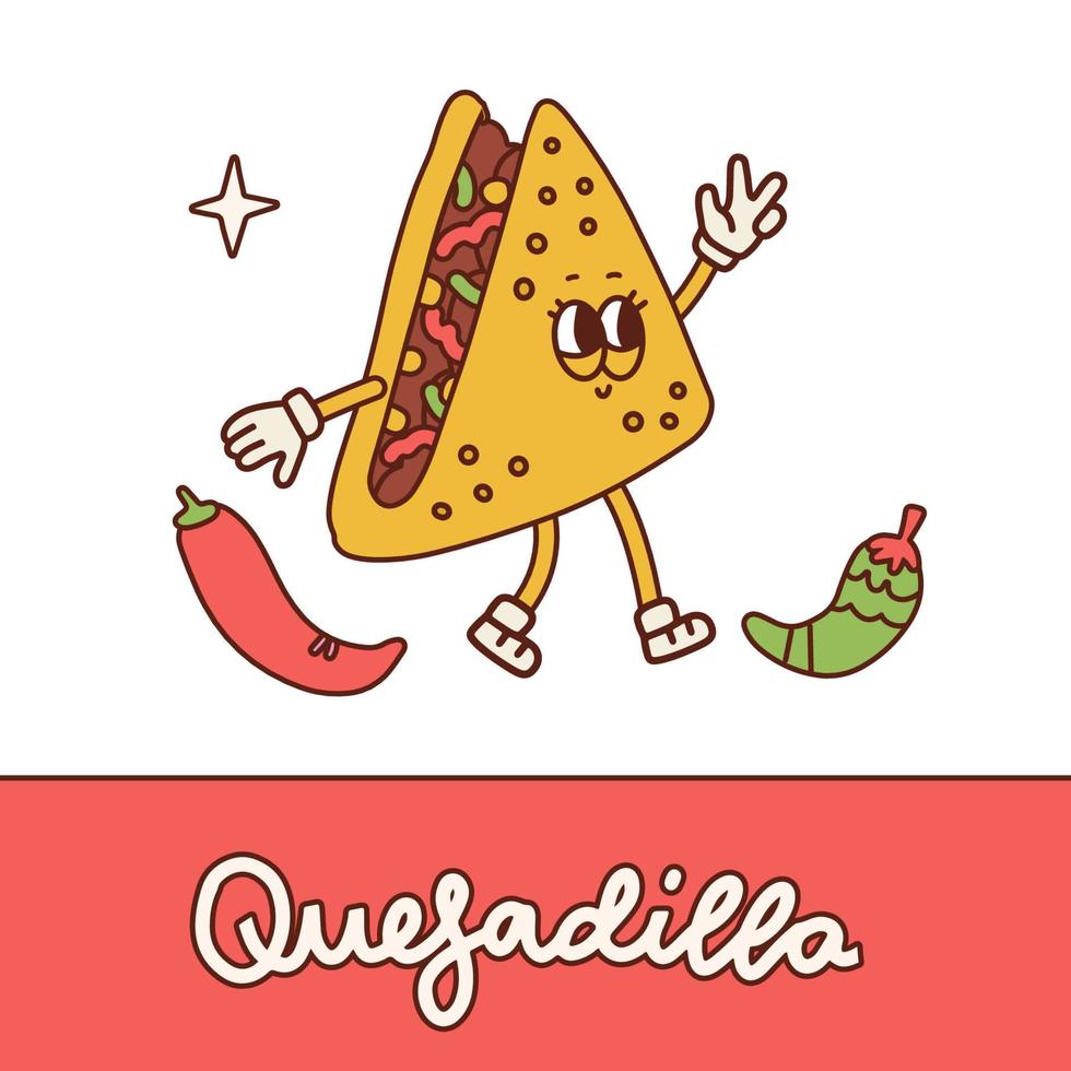 lindo personaje de quesadilla estilo catroon retro. masco vintage lineal de comida mexicana con piernas y manos enguantadas. ilustración de contorno vectorial dibujada a mano de comida rápida mexicana. especias comida tradicional. vector